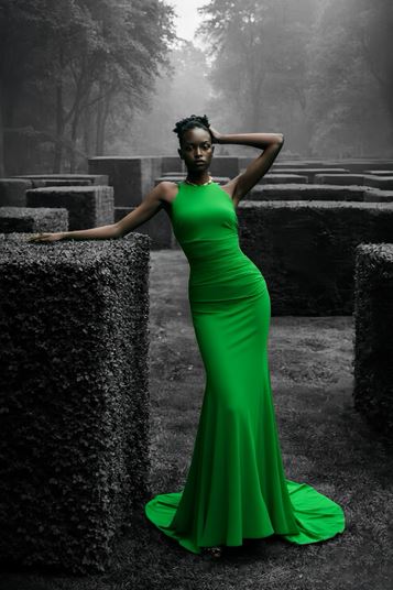 Green Halter Neck Drape Detail Evening Dress